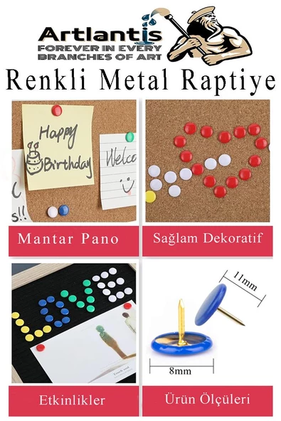 Mavi Raptiye 150 Adet 1 Paket Renkli Pvc Kaplı Başlıklı Raptiye Plastik Yuvarlak Düğmeli Raptiye Pano Okul Ofis Büro Ev - 3