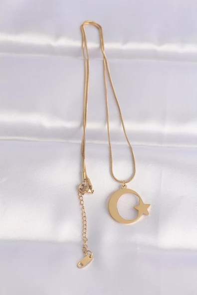 316L Çelik Zincir Gold Renk Ay Yıldız Unisex Kolye - TJ-BKO8699 - Resim 2