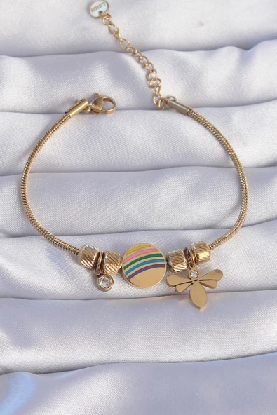 316L Çelik Gold Renk Zirkon Taşlı Gökkuşağı Tasarımlı Yusufçuk Bileklik - TJ-BB6204 ürün görseli