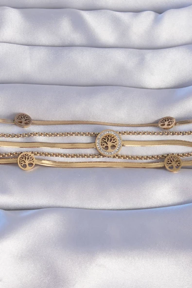 316L Çelik Gold Renk İtalyan Zincir Detaylı Zirkon Taşlı Yaşam Ağacı Tasarımlı Çoklu Bileklik - TJ-BB6205 - 2