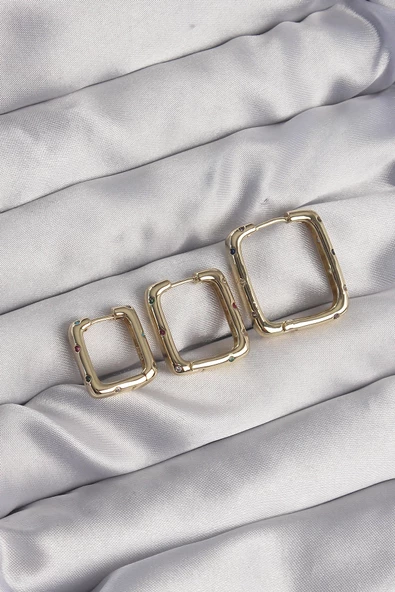 Pirinç Gold Renk Renkli Zirkon Taşlı Kare Model Küpe Seti - TJ-BKP9116 ürün görseli