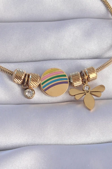 316L Çelik Gold Renk Zirkon Taşlı Gökkuşağı Tasarımlı Yusufçuk Bileklik - TJ-BB6204 - Resim 2