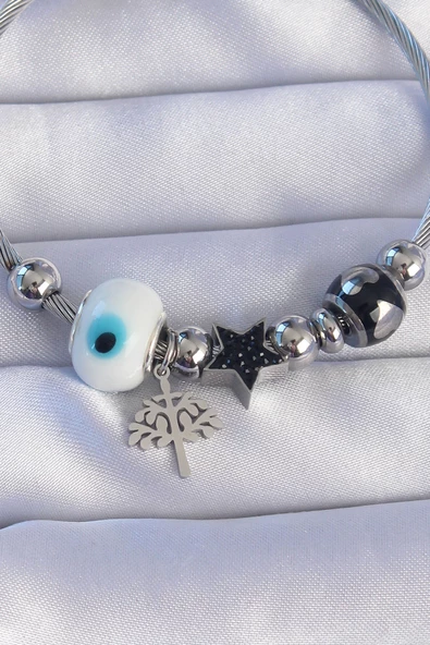316L Çelik Gümüş Renk Siyah Zirkon Taşlı Yıldız Tasarımlı Ağaç Detay Nazarlı Charm Bileklik - TJ-BB6198 - Resim 2