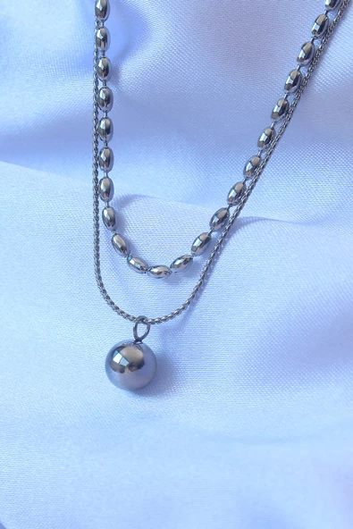 316L Çelik Çift Zincirli Gümüş Renk Topçuk Model Kolye - TJ-BKO8881 - Resim 2