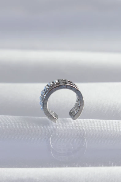 Pirinç Gümüş Renk İncili Baget Taşlı Earcuff Küpe - TJ-BKP9338 - Resim 2