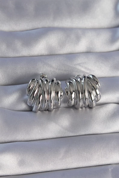 Pirinç Gümüş Renk Tırtıklı Bombe Model Küpe - TJ-BKP9088 ürün görseli