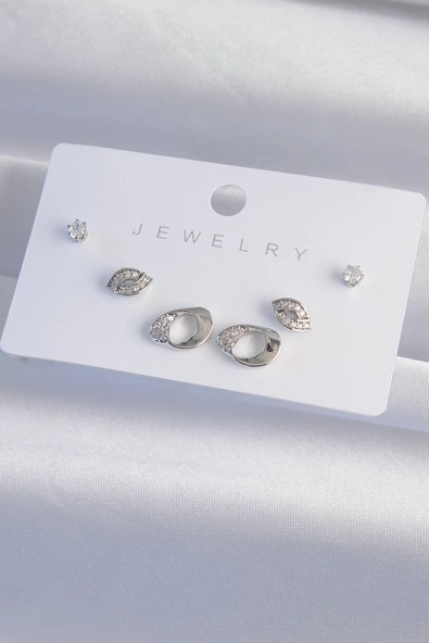 Pirinç Gümüş Renk Zirkon Taşlı Yaprak Model Küpe Seti - TJ-BKP9324 - Resim 2