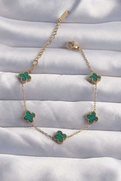 316L Çelik Baby Boy Gold Renk Çizgili Yeşil Mineli Yonca Bileklik - TJ-BB6271 ürün görseli