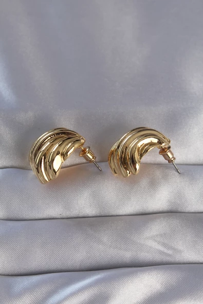 Pirinç Gold Renk Tırtıklı Bombe Model Küpe - TJ-BKP9089 - Resim 2