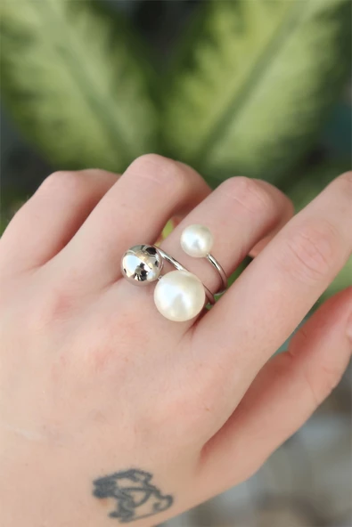 Pirinç Gümüş Renk Ayarlanabilir İnci Taşlı Yüzük - TJ-BYK3179 ürün görseli