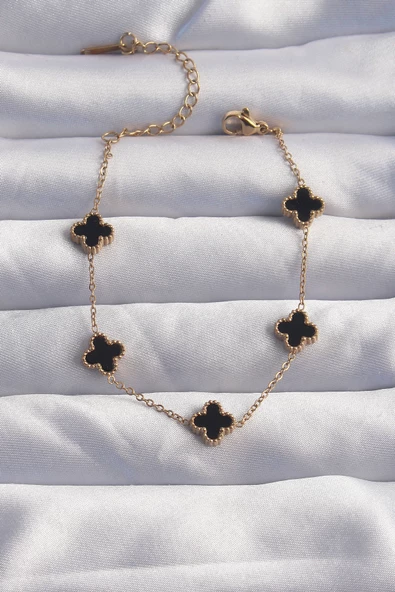 316L Çelik Baby Boy Gold Renk Siyah Mineli Yonca Bileklik - TJ-BB6276 ürün görseli