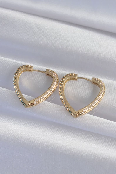 Pirinç Gold Renk Zirkon Taşlı Motifli Kalp Küpe - TJ-BKP9285 - 3