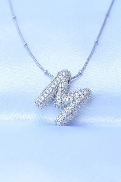 316L Çelik Zincirli Zirkon Taşlı M Harfli Gümüş Renk Bubble Kolye - TJ-BKO8727 ürün görseli