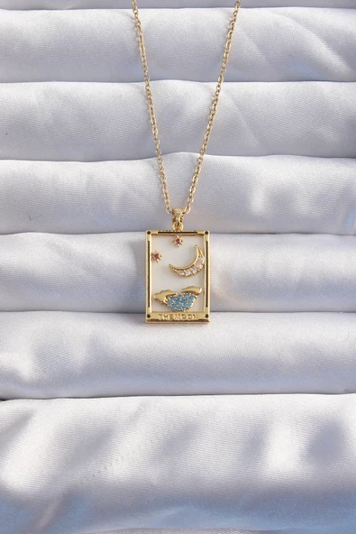316L Çelik Zincir Gold Renk Ay Detay Mavi Zirkon Taşlı Tarot Kolye - TJ-BKO8980 ürün görseli