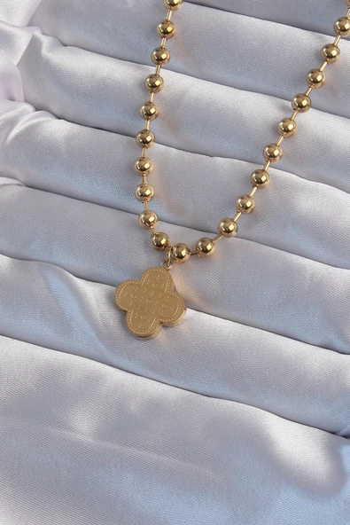 316L Çelik Top Zincirli Gold Renk İşlemeli Yonca Model Kolye - TJ-BKO8988 ürün görseli