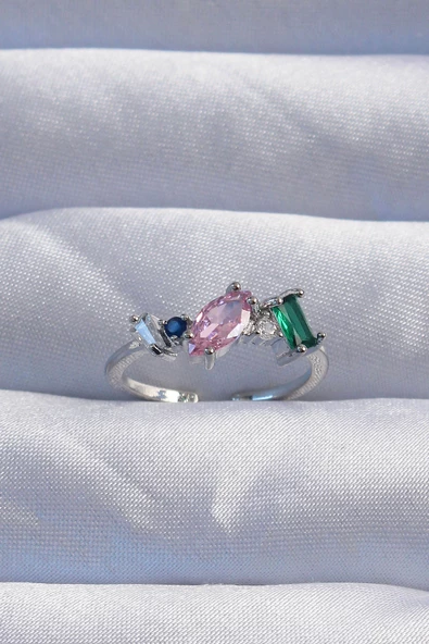 Pirinç Gümüş Renk Renkli Zirkon Taşlı Ayarlanabilir Yüzük - TJ-BYK3238 ürün görseli