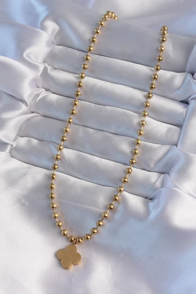 316L Çelik Top Zincirli Gold Renk İşlemeli Yonca Model Kolye - TJ-BKO8988 - Resim 2