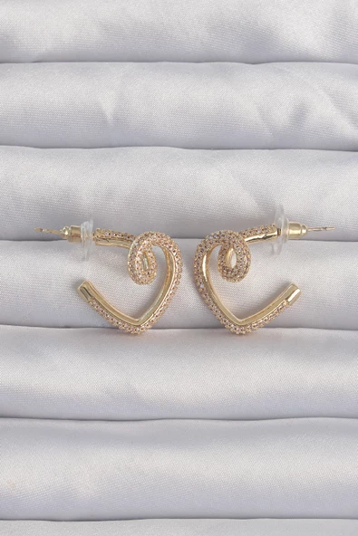 Pirinç Gold Renk Zirkon Taşlı Kıvrımlı Yarım Kalp Küpe - TJ-BKP9279 ürün görseli