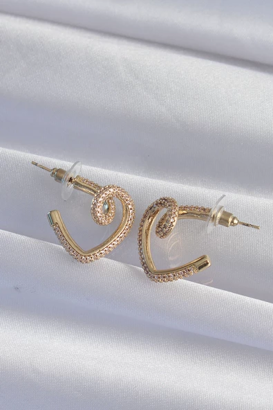 Pirinç Gold Renk Zirkon Taşlı Kıvrımlı Yarım Kalp Küpe - TJ-BKP9279 - Resim 2