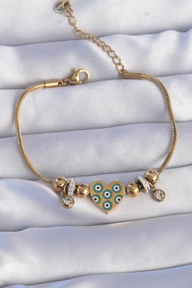 316L Çelik Gold Renk Zirkon Taşlı Nazarlı Kalp Tasarımlı Bileklik - TJ-BB6199 ürün görseli