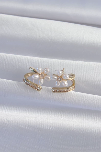 Pirinç Gold Renk Zirkon Taşlı Kıvrımlı İnci Çiçek Küpe - TJ-BKP9277 - Resim 2