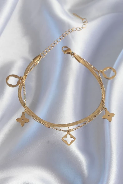 316L Çelik Gold Renk Çift Zincir Yonca Tasarım Bileklik - TJ-BB6181 - Resim 2