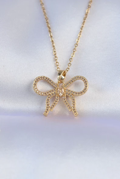 316L Çelik Zincir Gold Renk Zirkon Taşlı Fiyonk Kolye - TJ-BKO8742 ürün görseli