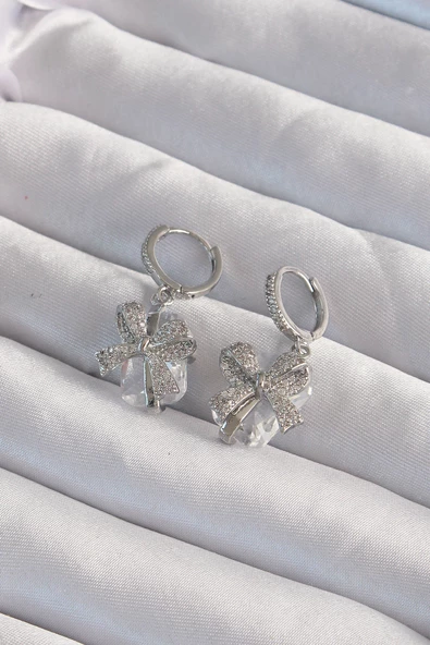 Pirinç Gümüş Renk İri Zirkon Taşlı Fiyonk Model Halka Küpe - TJ-BKP9312 ürün görseli