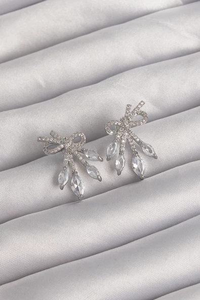 Pirinç Gümüş Renk Zirkon Taşlı Fiyonk Küpe - TJ-BKP9292 ürün görseli 1