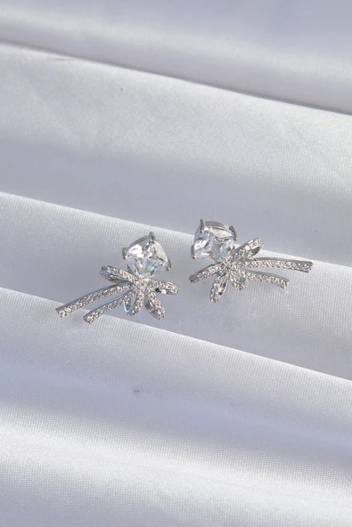 Pirinç Gümüş Renk Kare Zirkon Taşlı Fiyonk Küpe - TJ-BKP9306 - Resim 2