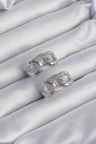 Pirinç Gümüş Renk Zirkon Taşlı Samanyolu Küpe - TJ-BKP9199 - Resim 2