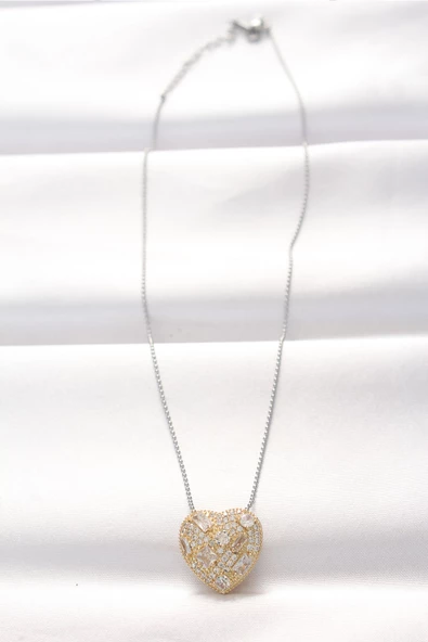 316L Çelik Çift Renk Zirkon Taşlı Kalp Kolye - TJ-BKO8521 - Resim 2