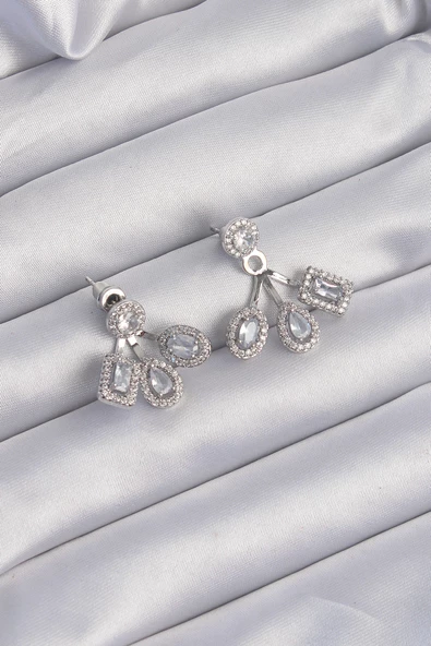 Pirinç Gümüş Renk Zirkon Taşlı Geometrik Model Küpe - TJ-BKP9209 ürün görseli