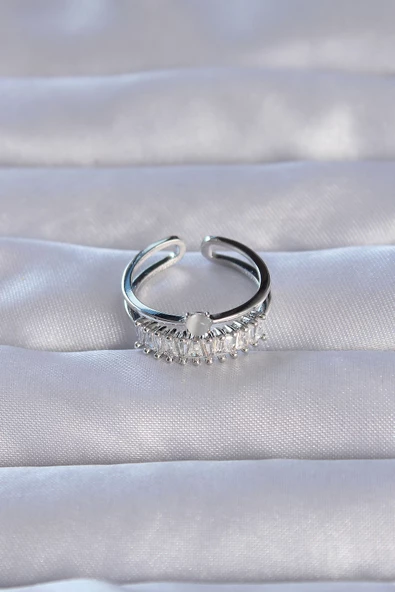 Pirinç Gümüş Renk Zirkon Taşlı Baget Su Yolu Model Ayarlanabilir Yüzük - TJ-BYK3228 - Resim 2