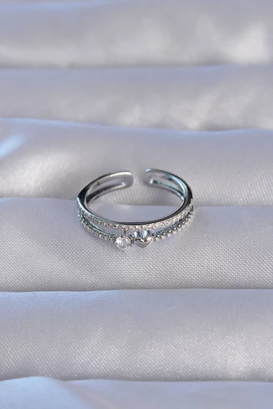 Pirinç Gümüş Renk Zirkon Taşlı Kalpli Su Yolu Model Ayarlanabilir Yüzük - TJ-BYK3220 - Resim 2