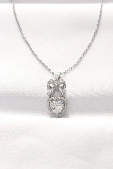 316L Çelik Silver Renk Zirkon Taşlı Kalpli Fiyonk Kolye - TJ-BKO8519 ürün görseli