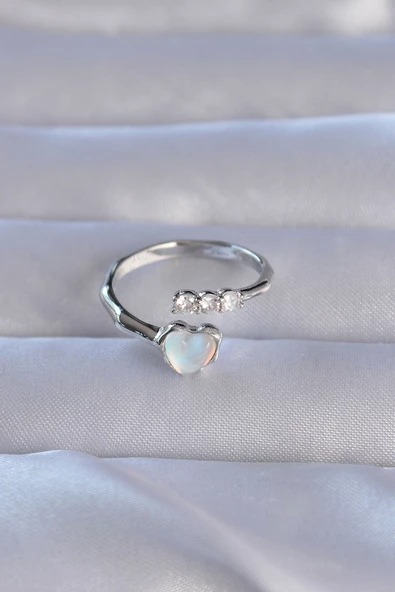 Pirinç Gümüş Renk Zirkon Taşlı Sedefli Kalp Model Ayarlanabilir Yüzük - TJ-BYK3232 - Resim 2