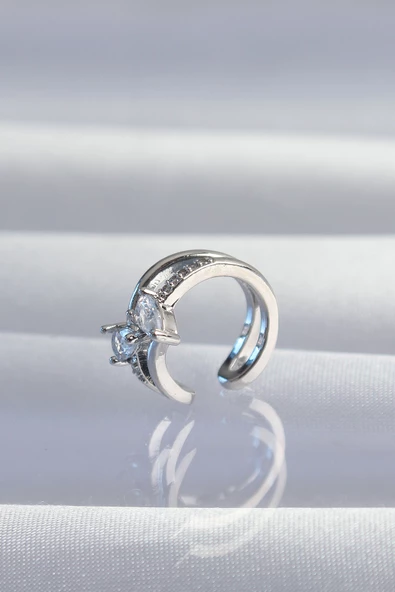 Pirinç Gümüş Renk Zirkon Taşlı Damla Earcuff Küpe - TJ-BKP9334 - Resim 2