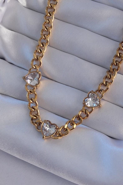 316L Çelik Gold Renk Zirkon Taşlı Kalp Model Zincir Kolye - TJ-BKO8949 ürün görseli