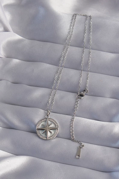 316L Çelik Zincir Gümüş Renk Zirkon Taşlı Kutup Yıldızı Kolye - TJ-BKO9012 - Resim 2