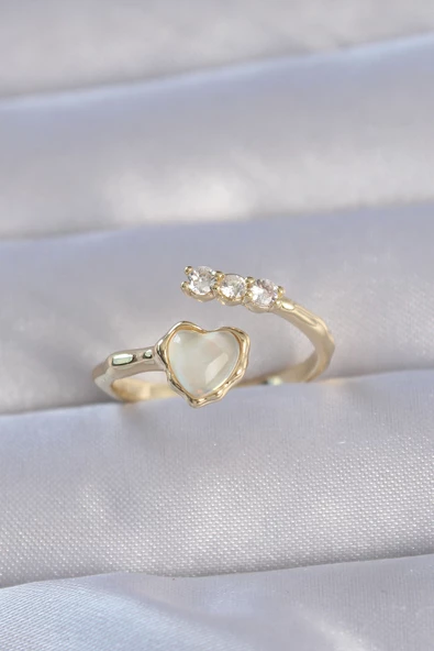 Pirinç Gold Renk Zirkon Taşlı Sedefli Kalp Model Ayarlanabilir Yüzük - TJ-BYK3233 ürün görseli