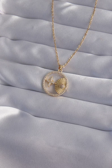 316L Çelik Zincir Gold Renk Zirkon Taşlı Yıldız Figürlü Oval Kolye - TJ-BKO9023 ürün görseli