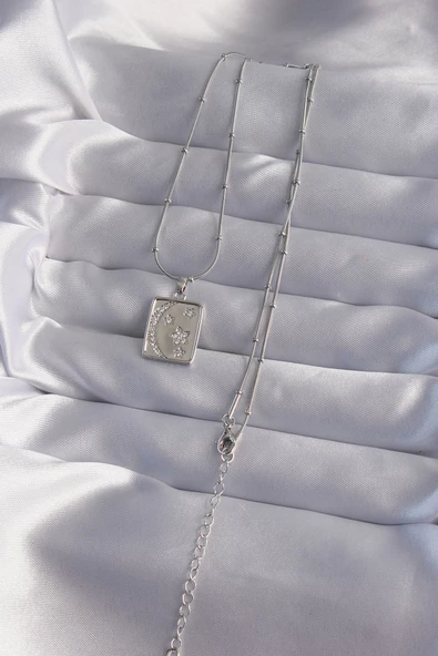 316L Çelik Zincir Gümüş Renk Zirkon Taşlı Ay Yıldız Figürlü Tarot Kolye - TJ-BKO9022 - Resim 2