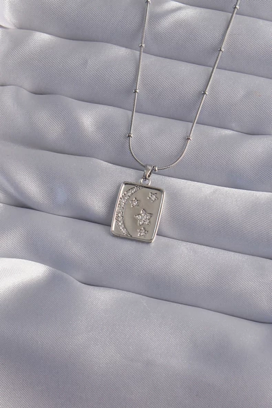 316L Çelik Zincir Gümüş Renk Zirkon Taşlı Ay Yıldız Figürlü Tarot Kolye - TJ-BKO9022 ürün görseli