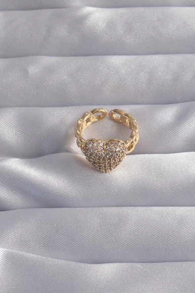 Pirinç Ayarlamalı Gold Renk Zirkon Taşlı Bombeli Kalp Yüzük - TJ-BYK3281 - Resim 2