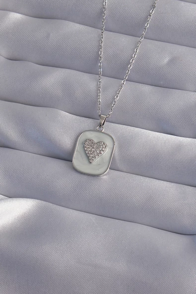 316L Çelik Zincir Mermer Desenli Gümüş Renk Zirkon Taşlı Kalp Model Kolye - TJ-BKO9014 ürün görseli