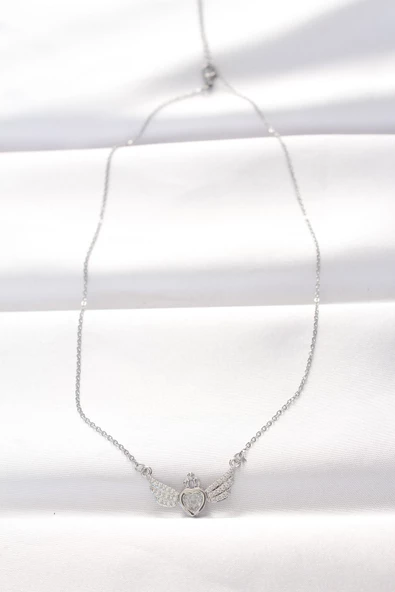 316L Çelik Silver Renk Zirkon Taşlı Kalpli Kanat Kolye - TJ-BKO8515 - Resim 2