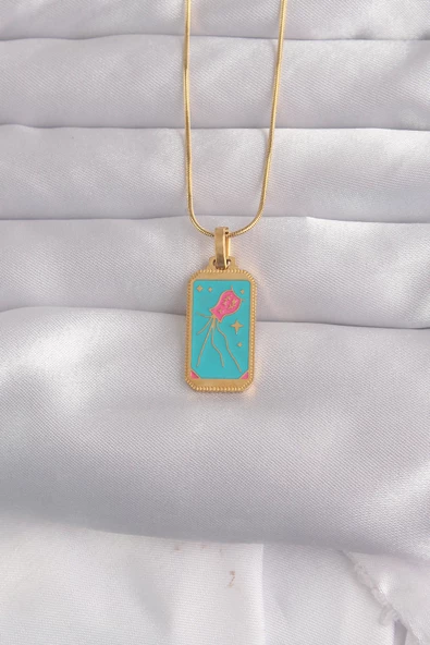 316L Çelik Gold Renk Mavi Mineli Tarot Kolye - TJ-BKO9030 ürün görseli 1