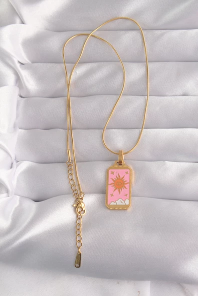 316L Çelik Gold Renk Pembe Mineli Güneş Model Tarot Kolye - TJ-BKO9029 - Resim 2
