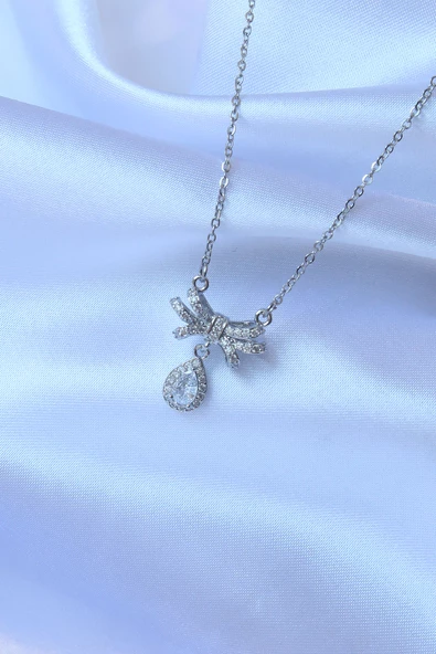 316L Çelik Zincirli Gümüş Renk Zirkon Taşlı Damla Detay Fiyonk Model Kolye - TJ-BKO8897 - Resim 3